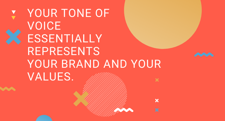 Tone of voice and brand values Brand tone of voice values graphic -white text on red background. Text reads: your tone of voice essentially represents your brand and values