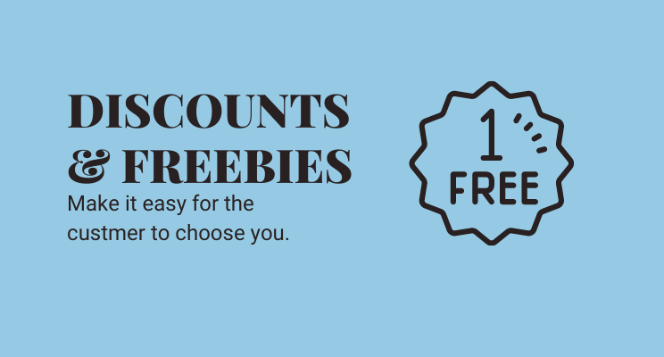 Brand Repositioning guide - Black text on blue background. Text reads: discounts & freebies make it easy for the customer to choose you.