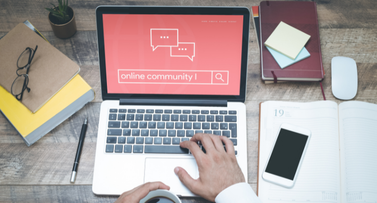 Laptop with a picture depicting an 'online community'