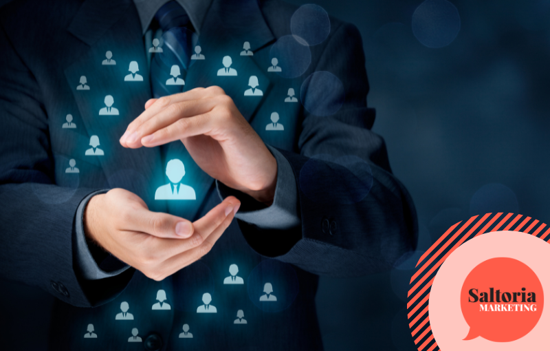 saltoria A man in a suit holding customer type icons