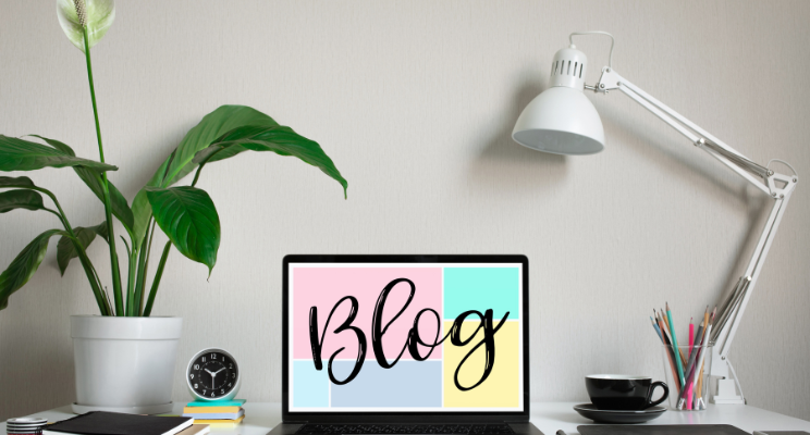 a desk with a plant and a lamp and a laptop with the word blog on it set against 4 pastel coloured squares